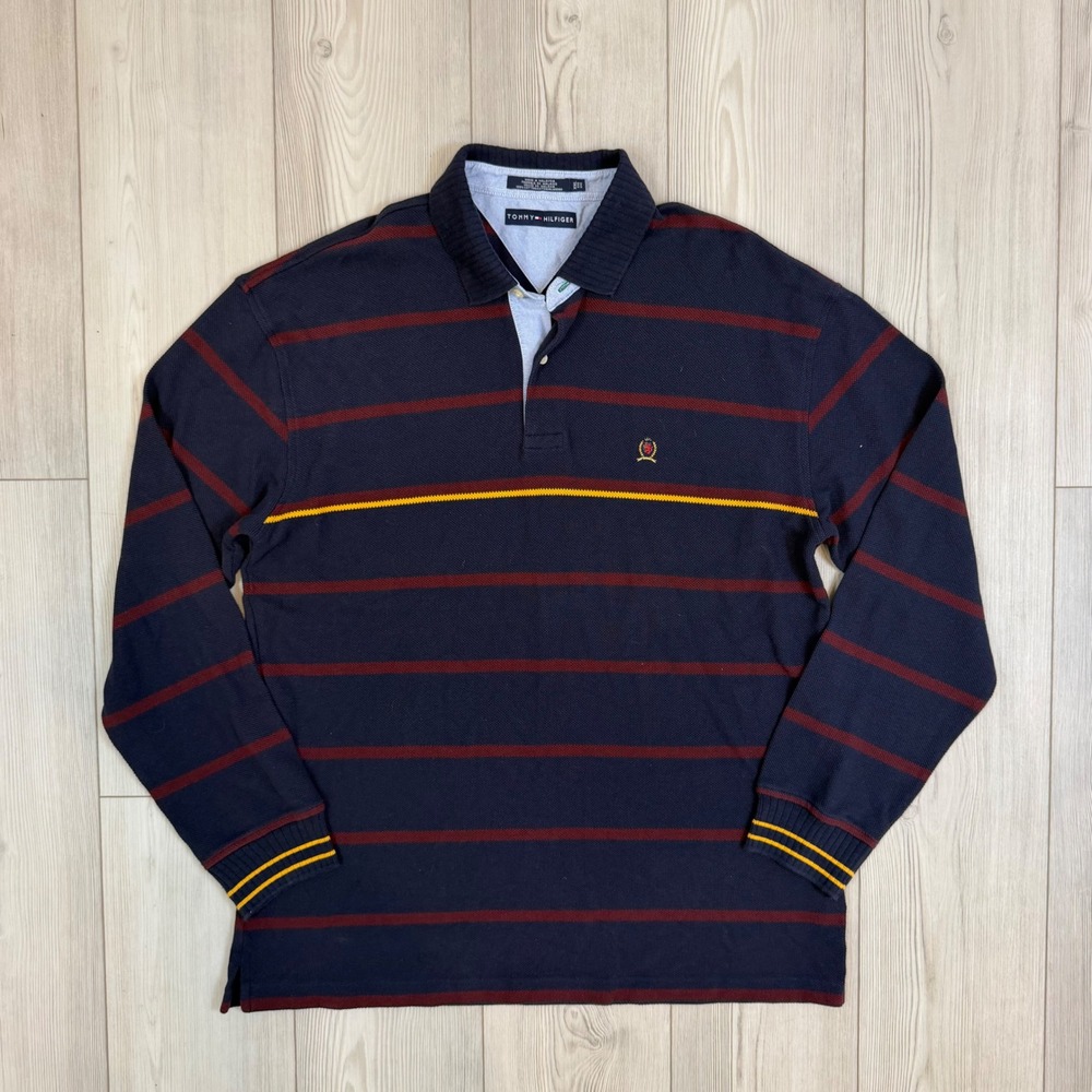 Tommy Hilfiger Mens XXL Long Sleeve Polo Shirt Navy Burgundy Striped Cotton